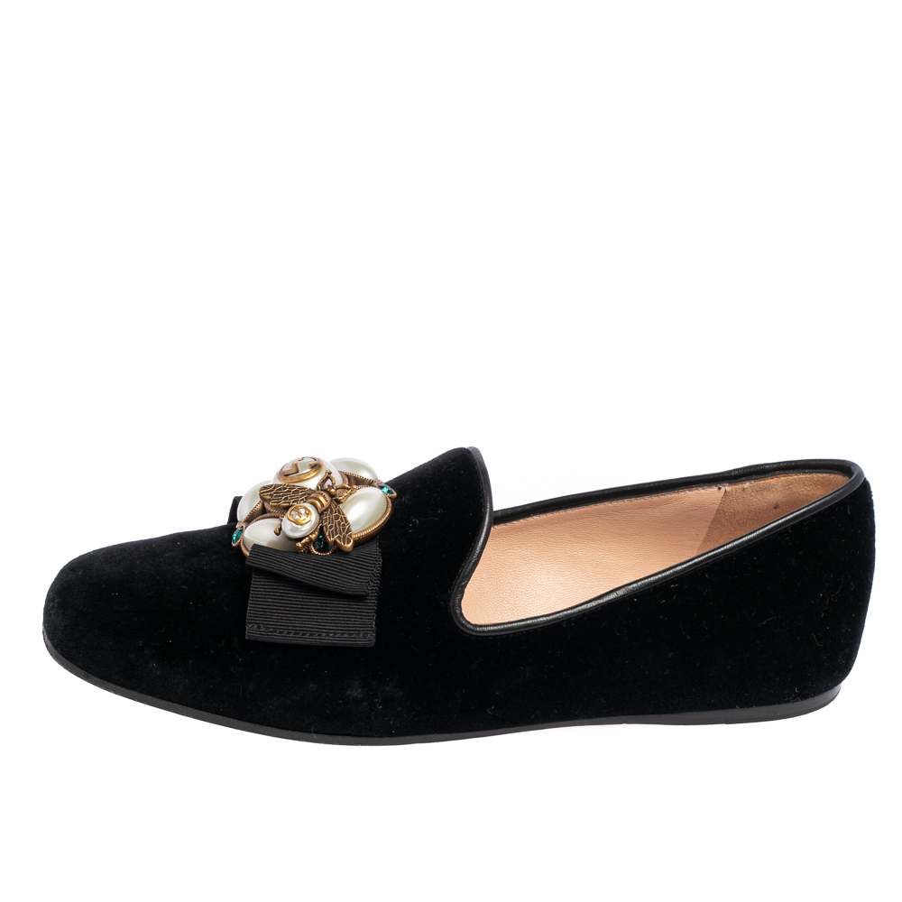 

Gucci Black Suede Butterfly Bee Pearl Smoking Slippers Size