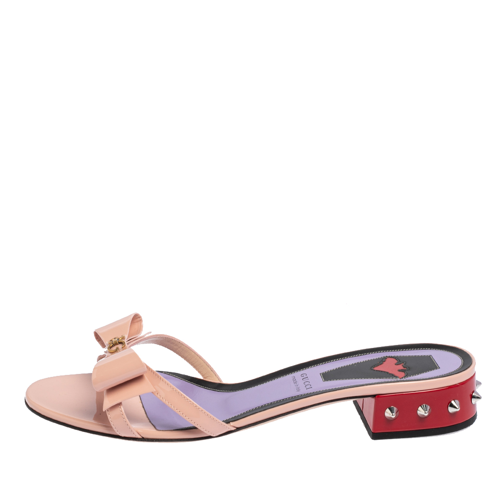 

Gucci Multicolor Patent Leather GG Bow Sadie Spike Slide Sandals Size