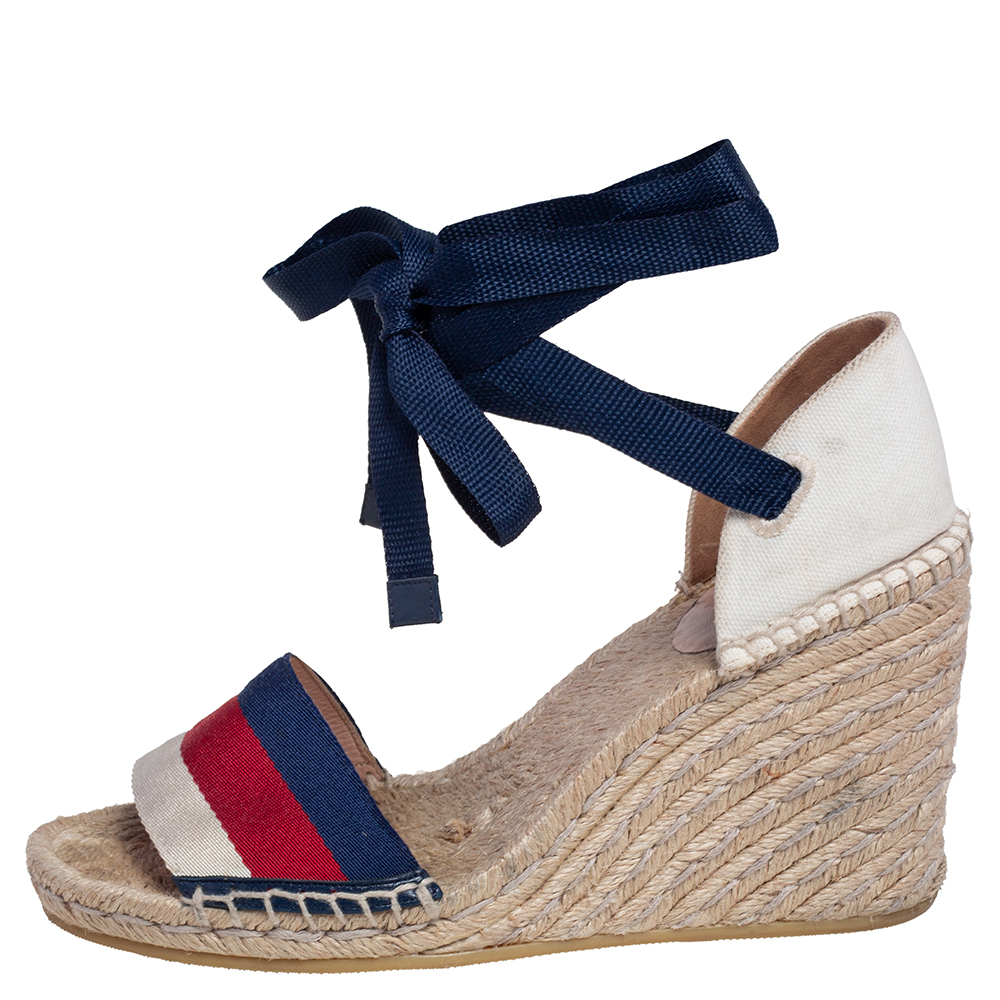 

Gucci Multicolor Canvas Web Espadrille Wedge Ankle Wrap Sandals Size