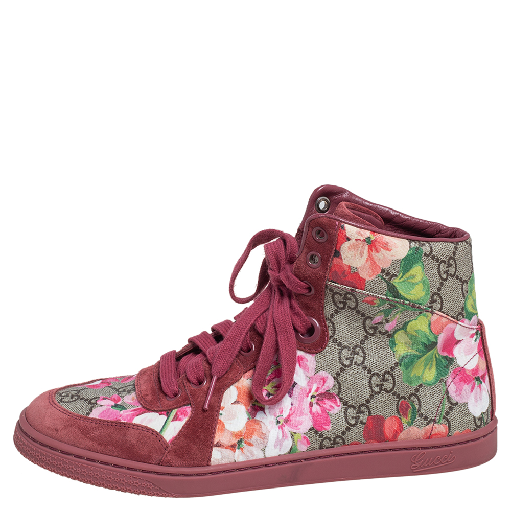 

Gucci Pink Blooms Print Coated Canvas and Suede High Top Sneakers Size