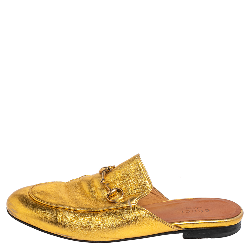 

Gucci Gold Leather Princetown Mule Flats Size