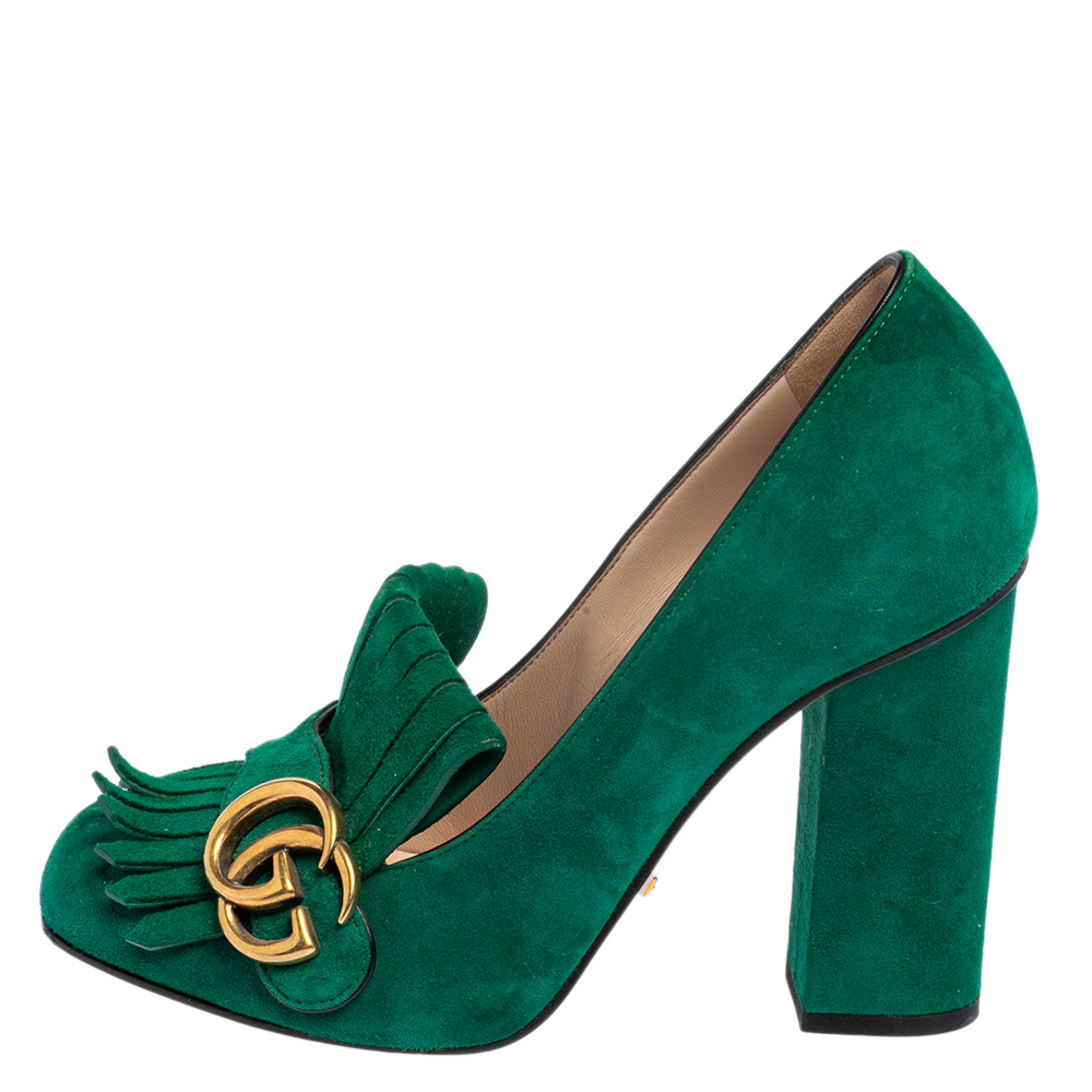

Gucci Green Suede GG Marmont Fringe Pumps Size