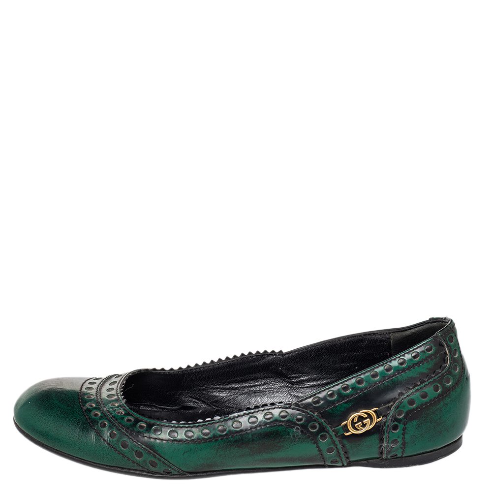 

Gucci Two Tone Brogue Leather Ballet Flats Size, Green