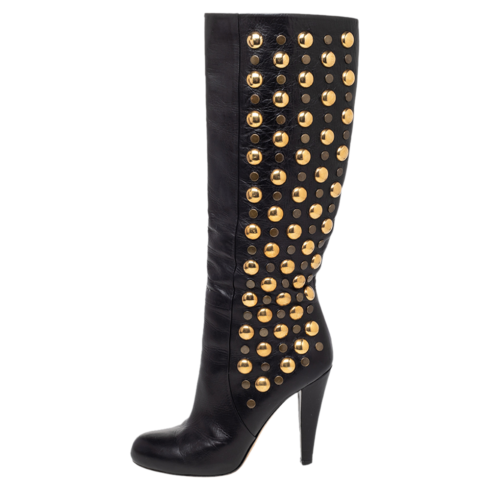 

Gucci Black Leather Babouska Studded Knee Length Boots Size