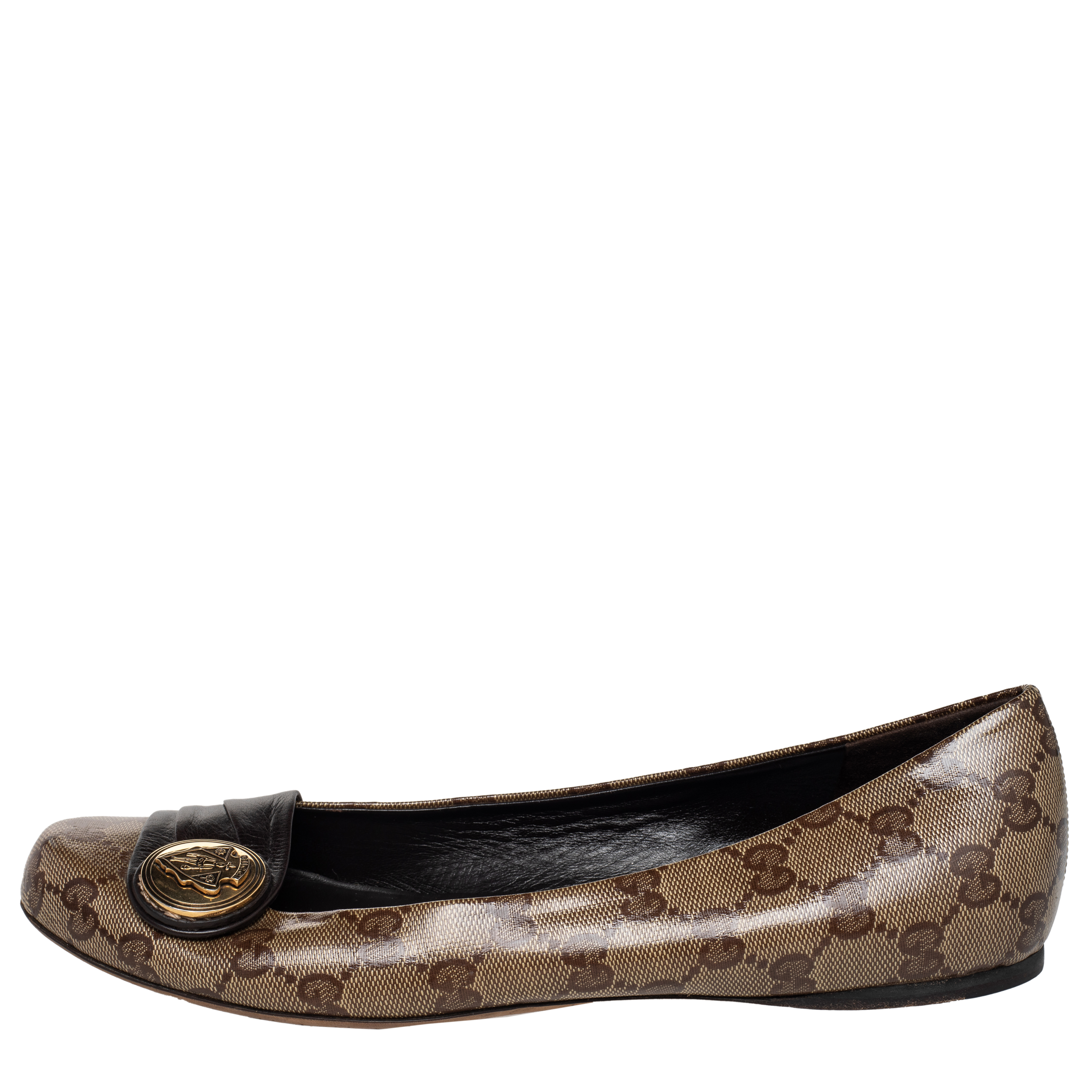 

Gucci Brown/Beige Crystal Canvas And Leather Hysteria Ballet Flats Size