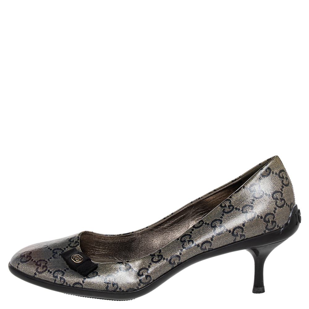 

Gucci Metallic Grey/Black GG Crystal Canvas Bow Pumps Size