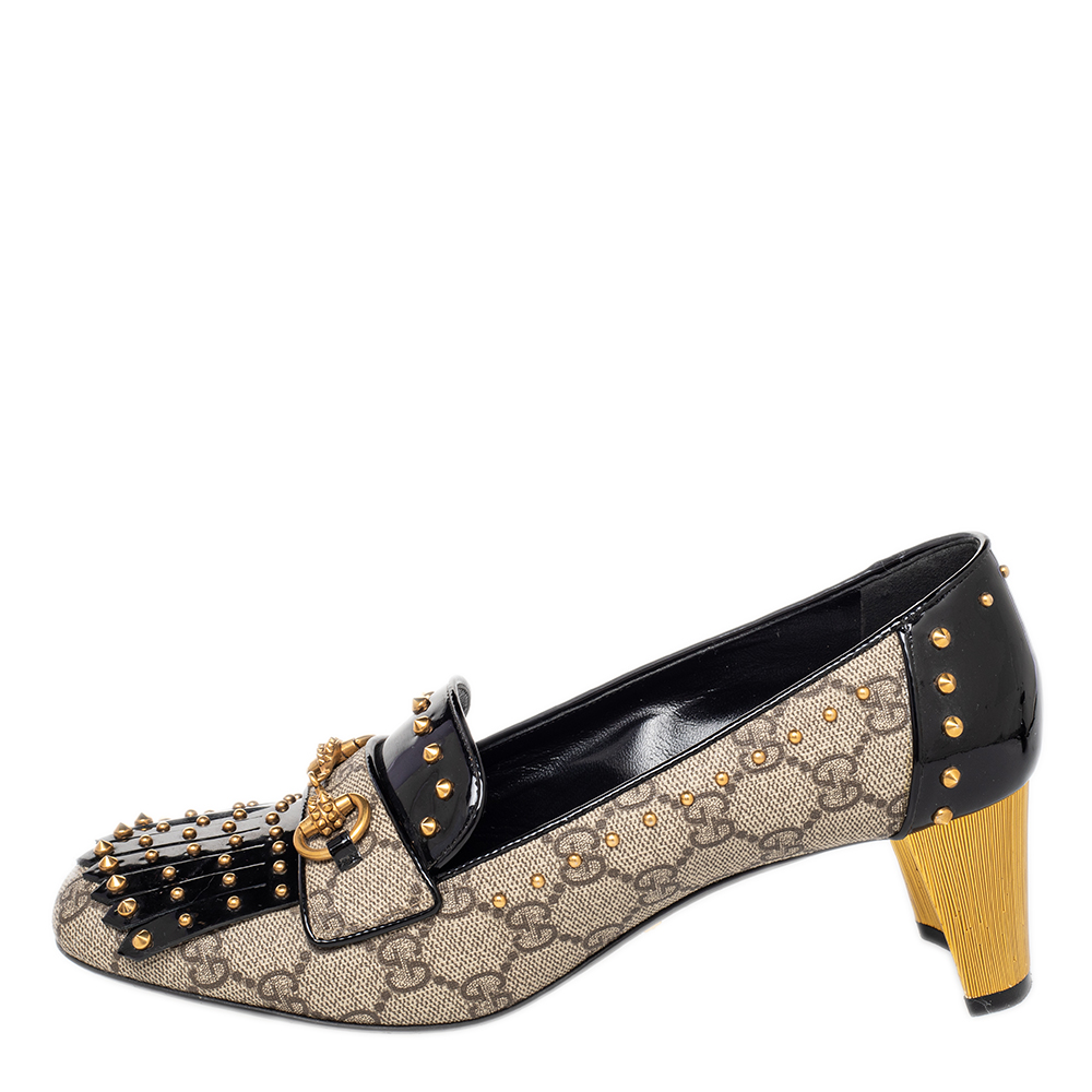 

Gucci Beige/Black GG Supreme Canvas and Patent Leather Studded Fringe Loafer Pumps Size
