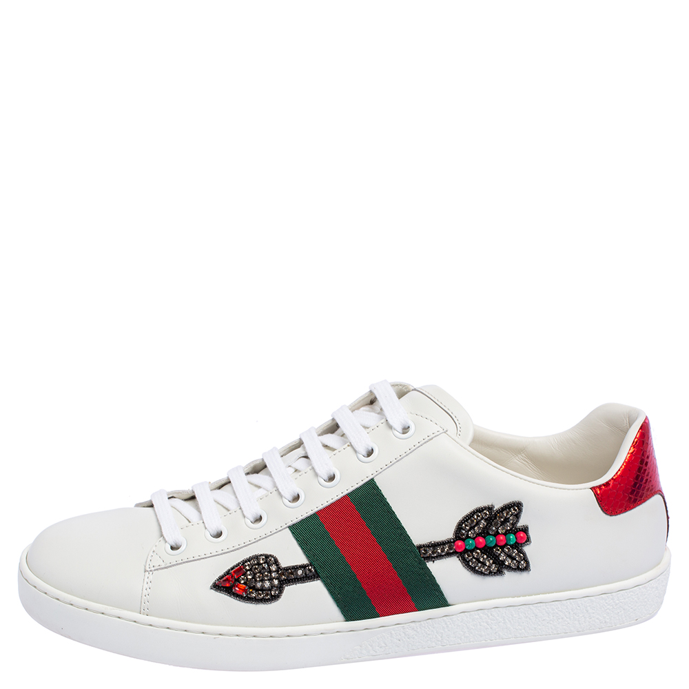 

Gucci White Leather And Canvas Ace Embroidered Sneakers Size