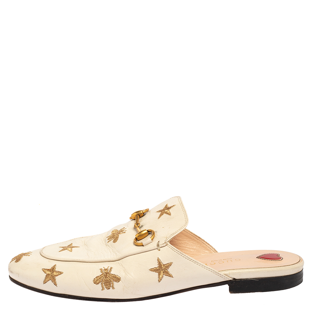 

Gucci White Leather Star And Bee Embroidered Princetown Flat Mules Size