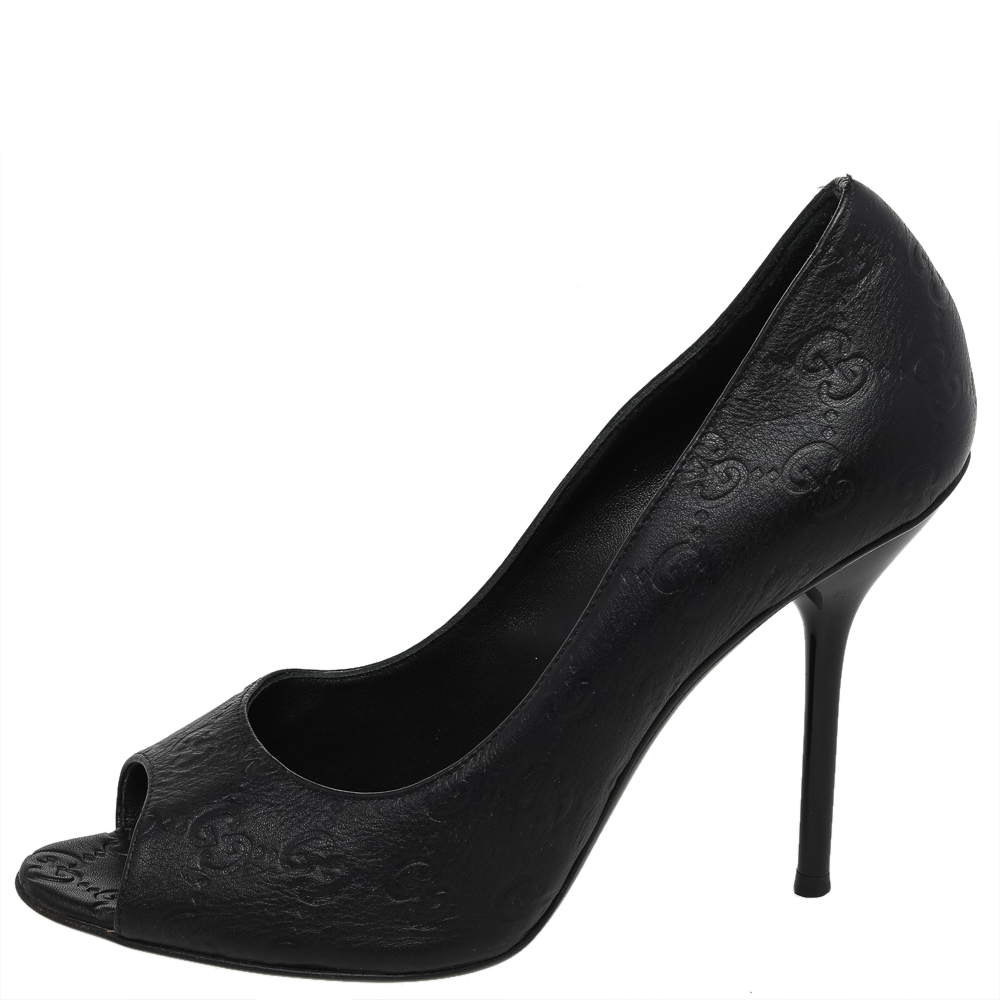 

Gucci Black Guccissima Leather Peep Toe Pumps Size