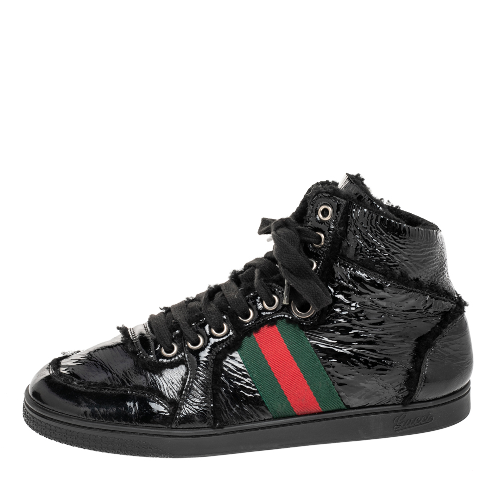 

Gucci Black Wool And Patent Leather Web High Top Sneakers Size