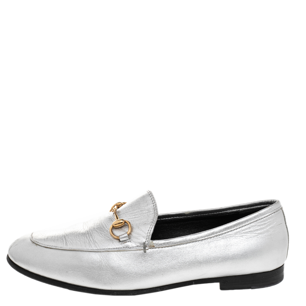 

Gucci Silver Leather Jordaan Horsebit Slip On Loafers Size