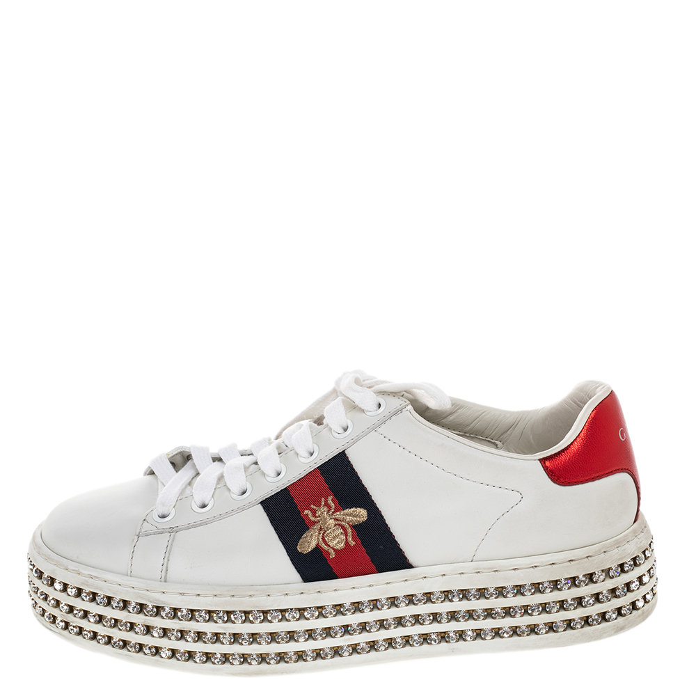 

Gucci White Canvas And Leather Ace Crystal Embellished Sneakers Size