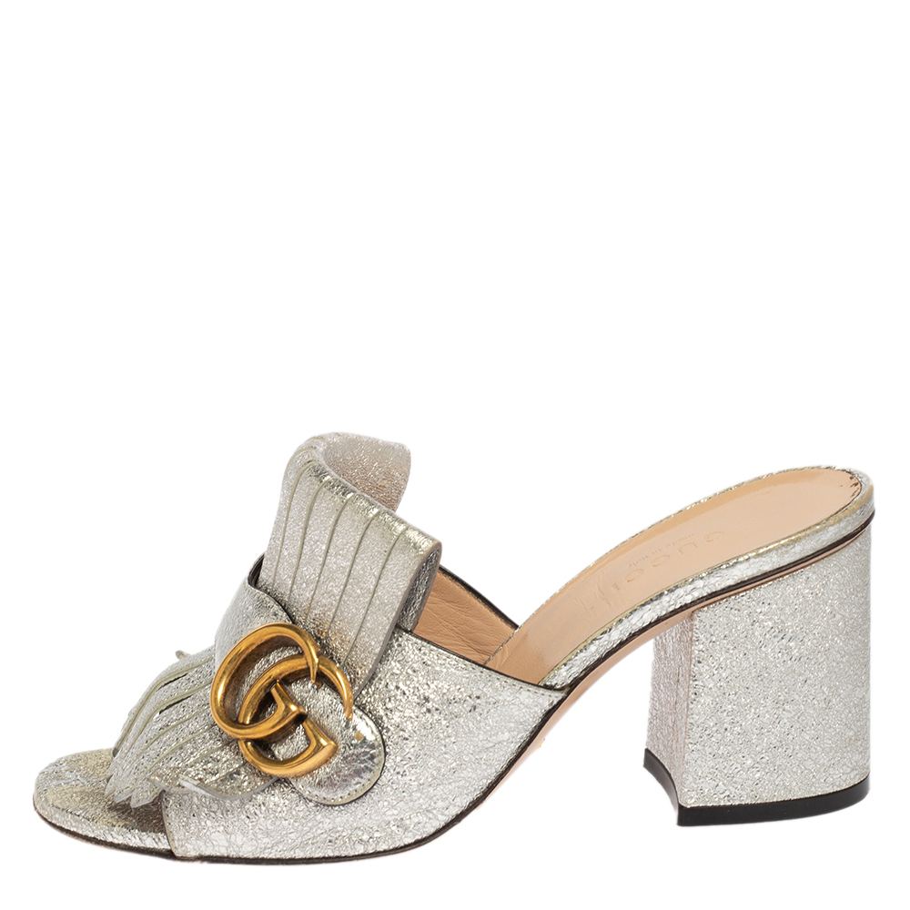 

Gucci Metallic Silver Crinkled Leather GG Marmont Fringed Slide Sandals Size