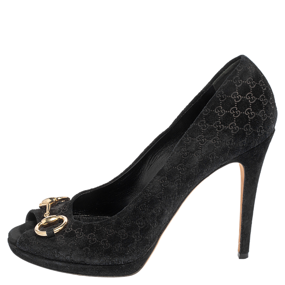 

Gucci Black Micro Guccissima Suede Horsebit Peep Toe Pumps Size