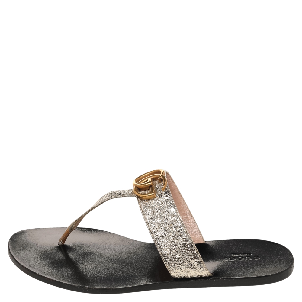 

Gucci Metallic Gold Leather GG Marmont Thong Flat Sandals Size