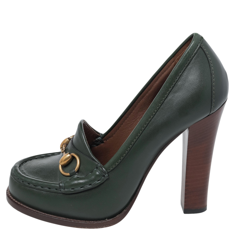 

Gucci Green Leather Horsebit Block Heel Loafer Pumps Size