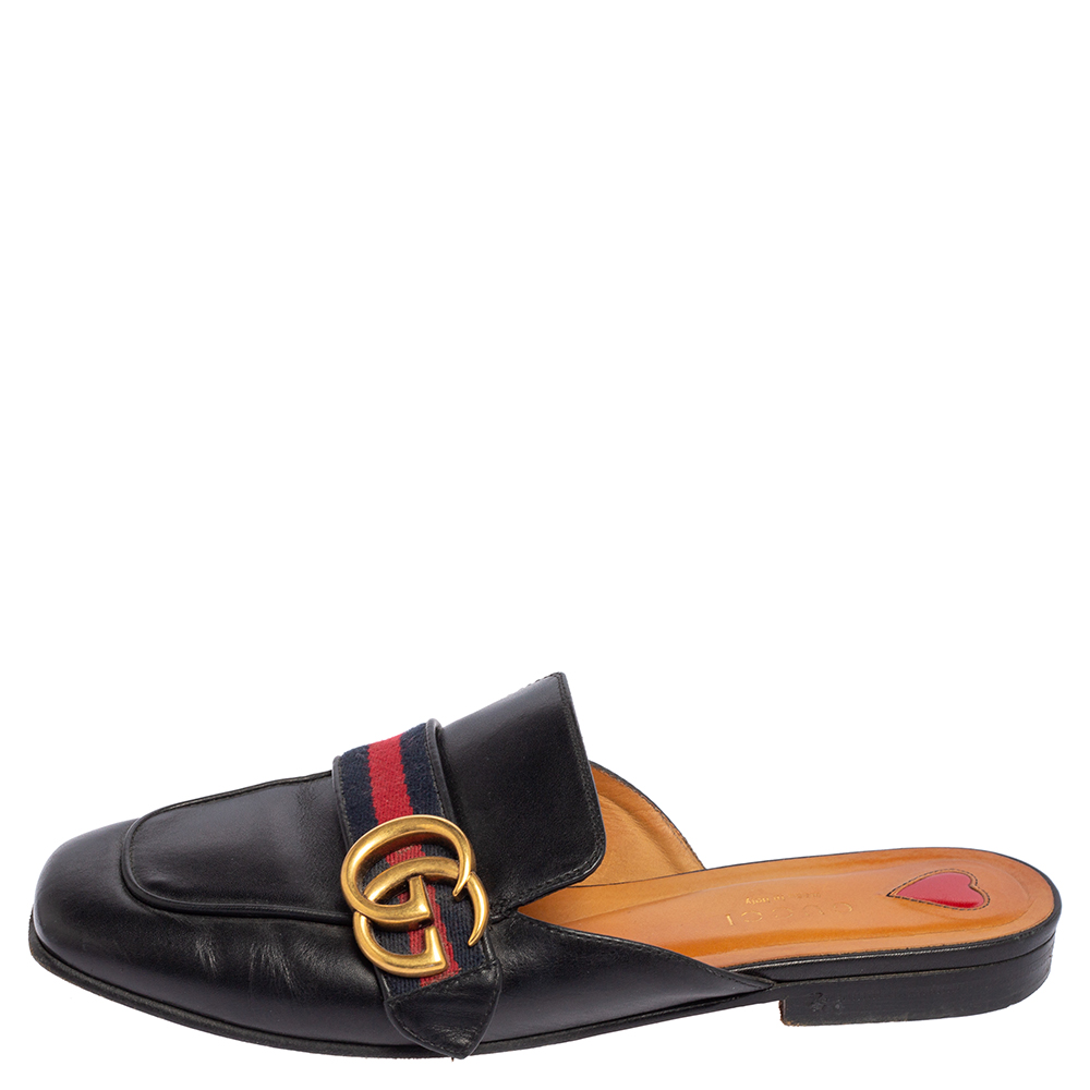 

Gucci Black Leather Peyton Flat Mules Size