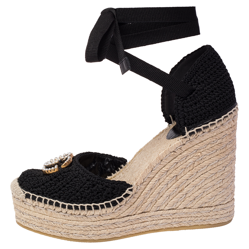 

Gucci Black/Beige Crochet GG Pearl Embellished Lilibeth Espadrille Wedge Sandals Size