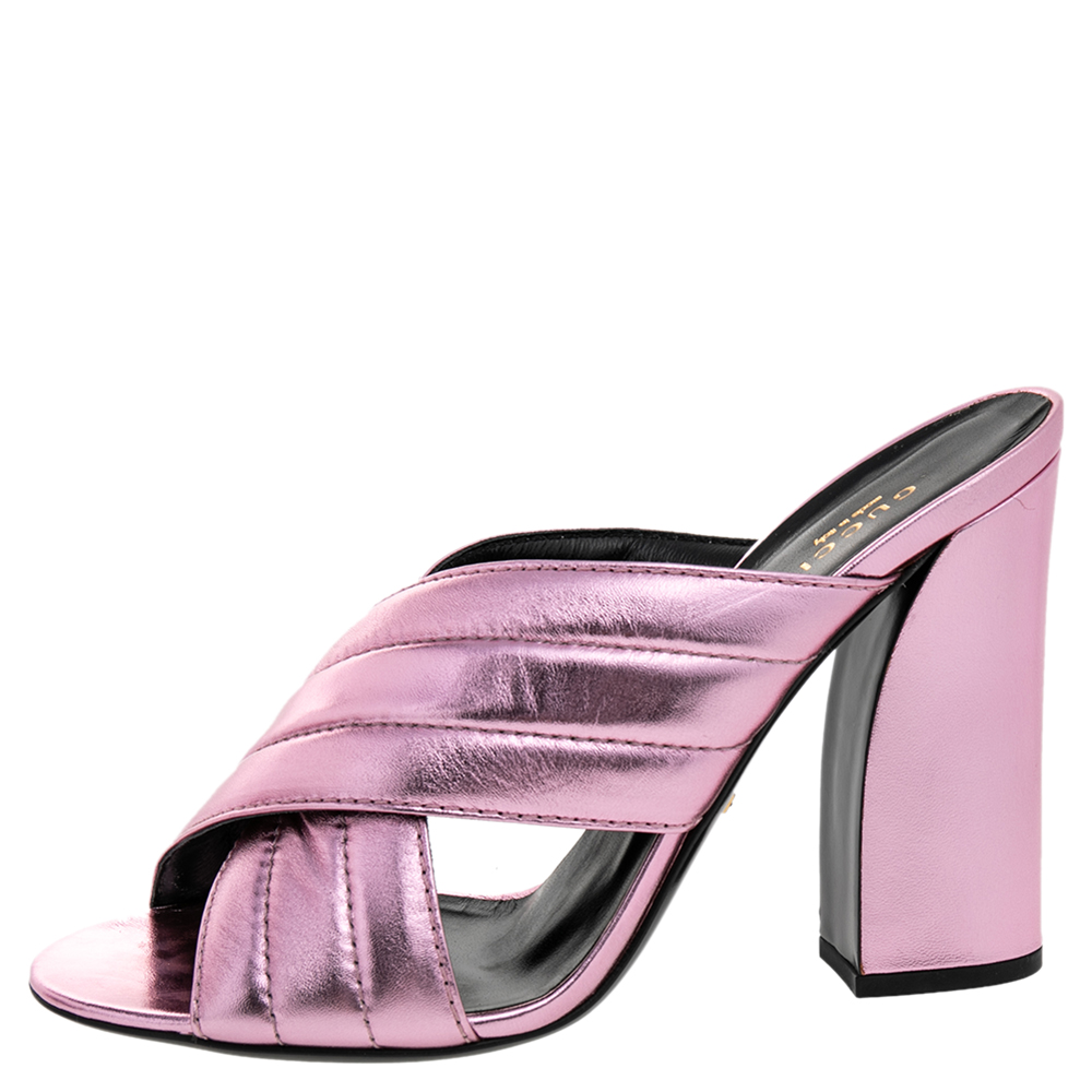 

Gucci Metallic Pink Leather Sylvia Crossover Mule Sandals Size