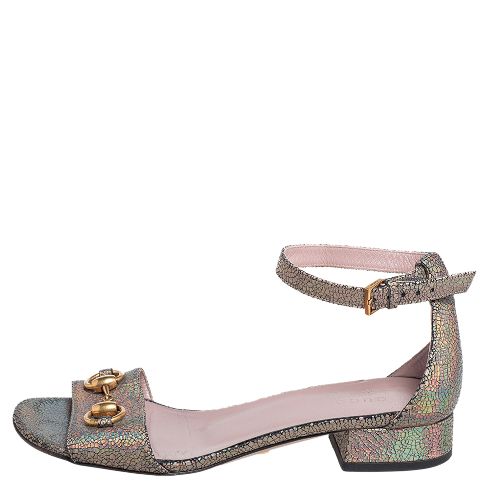 

Gucci Multicolor Metallic Leather Horsebit Ankle Strap Sandals Size