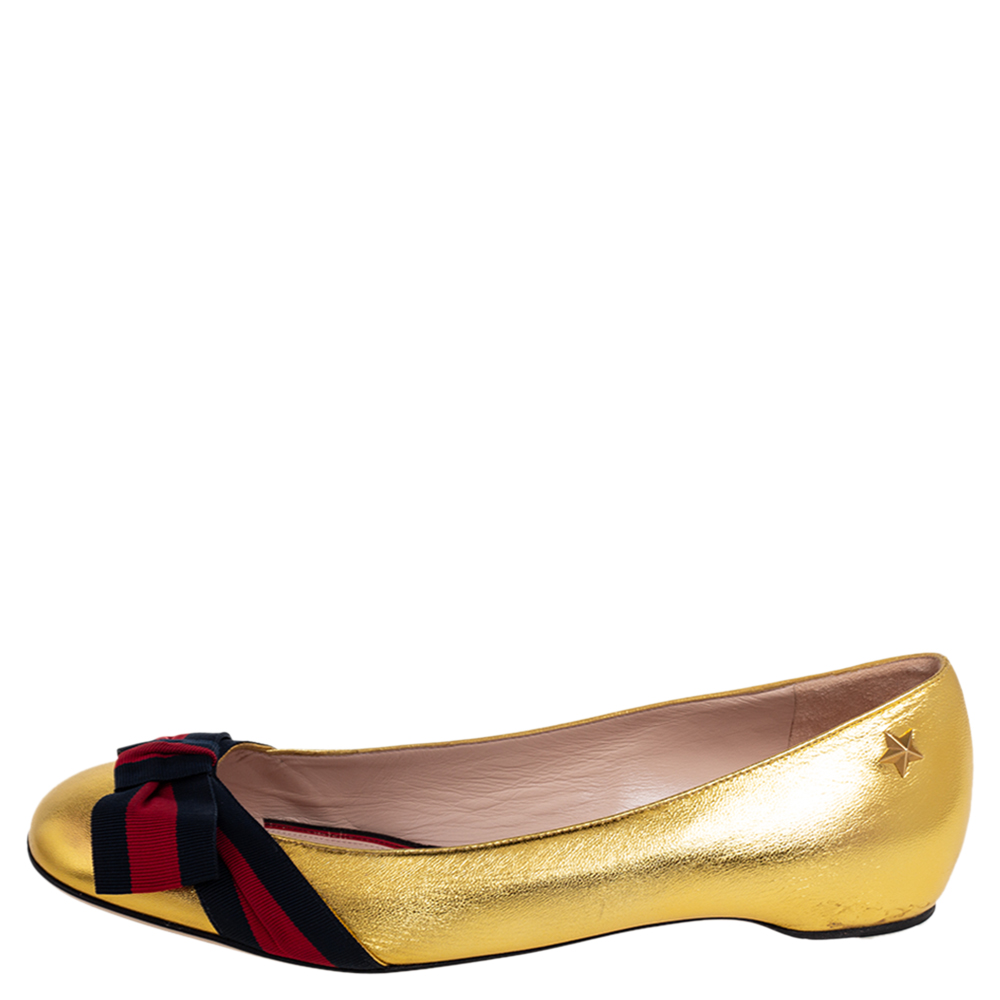 

Gucci Metallic Gold Leather Web Bow Ballet Flats Size