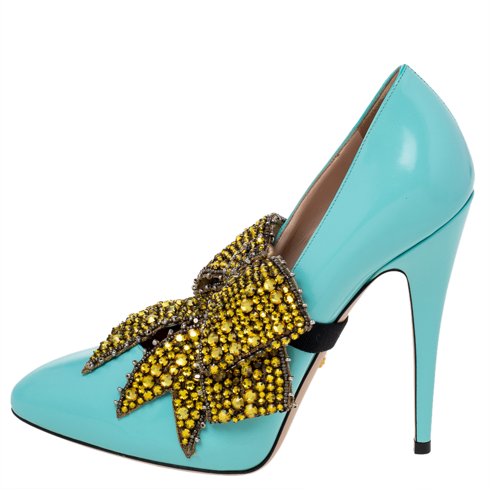 

Gucci Aqua Blue Leather Elaisa Removable Crystal Bow Strap Pumps Size