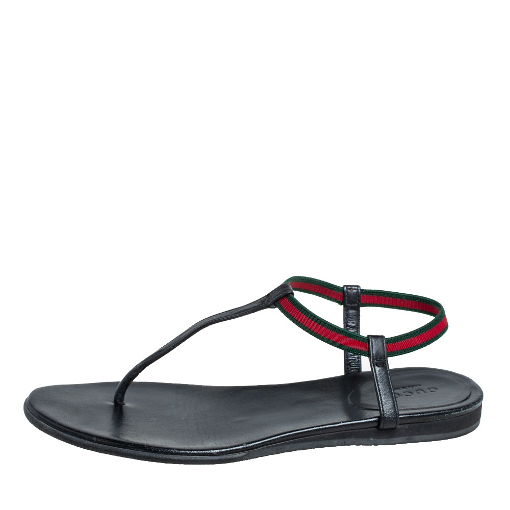 

Gucci Black Leather Web Areia Thong Sandals Size