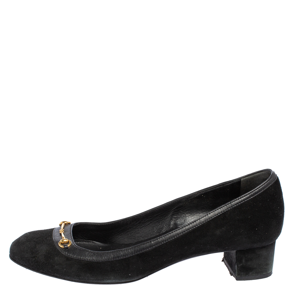 

Gucci Black Suede And Leather Trim Horsebit Block Heel Pumps Size