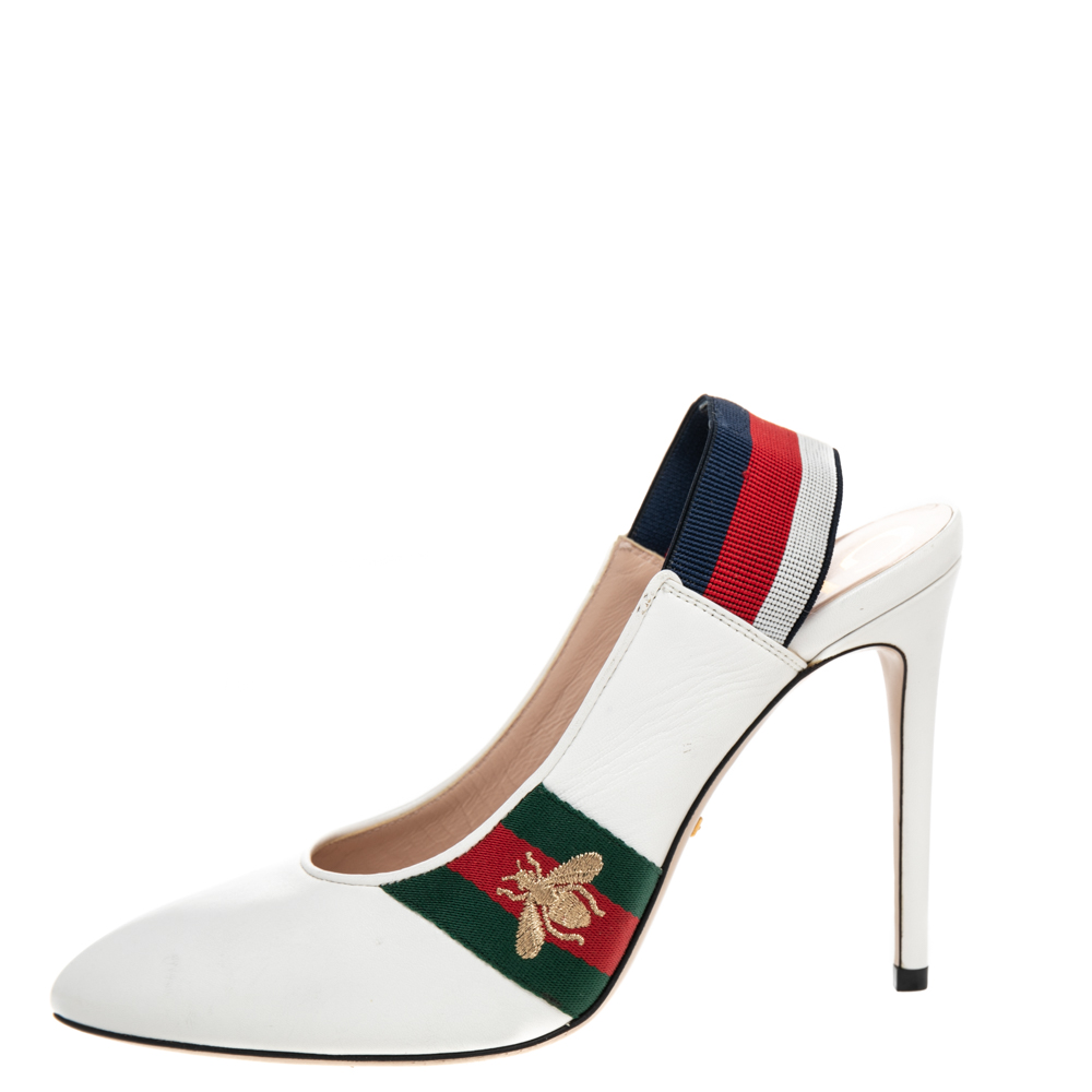 

Gucci White Leather Bee Embroidered Web Detail Sylvie Slingback Sandals Size