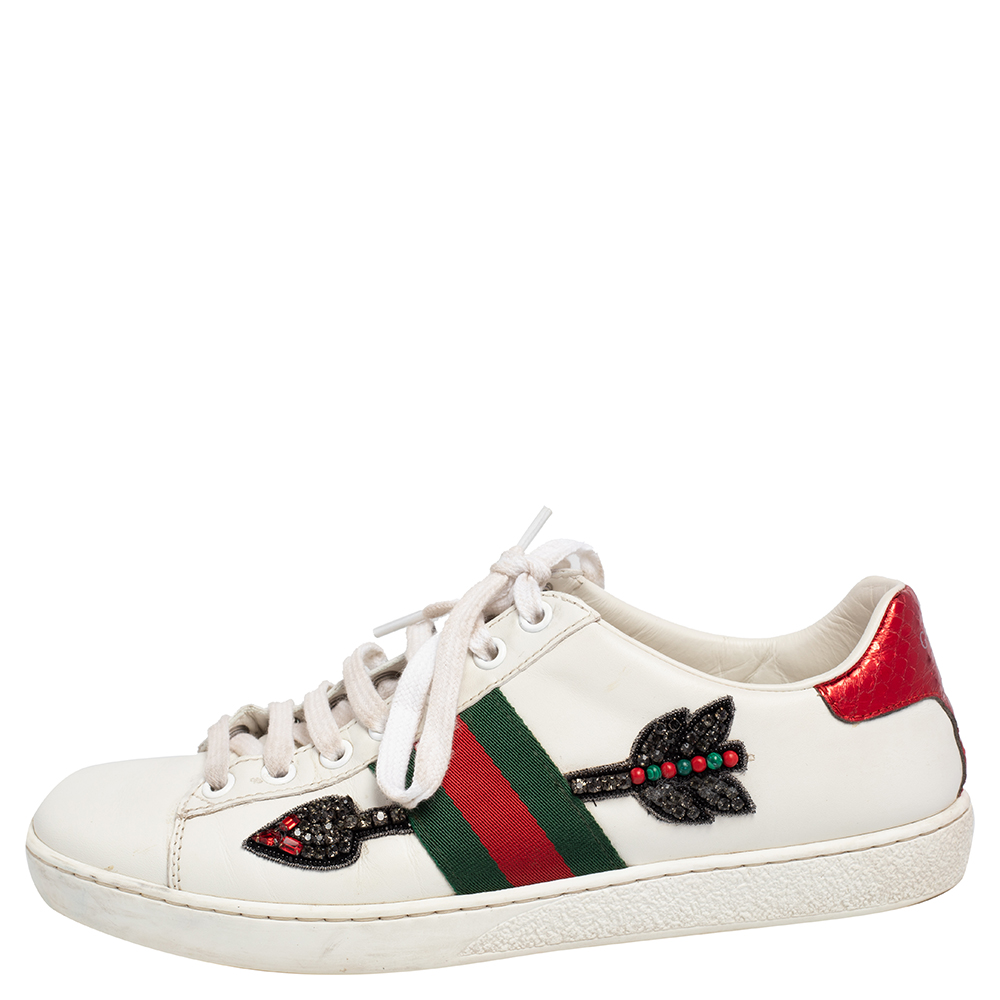 

Gucci White Leather Ace Embroidered Arrow Appliqué Low Top Sneakers Size