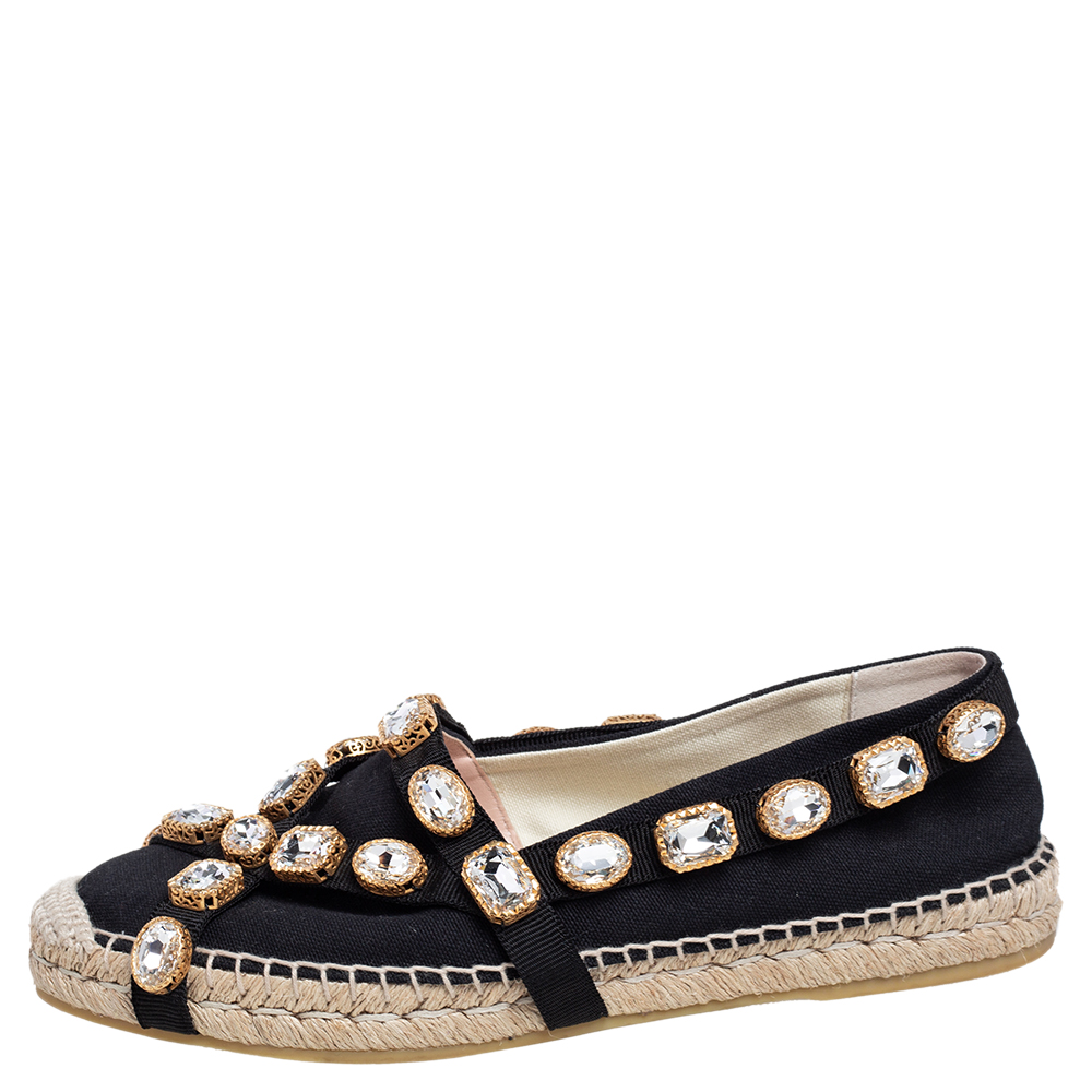 

Gucci Black Canvas Pepita Crystal Embellished Espadrille Flats Size
