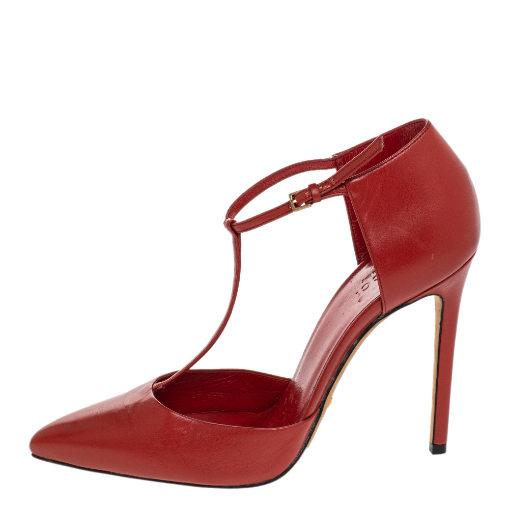

Gucci Red Leather T-Strap D'orsay Pumps Size