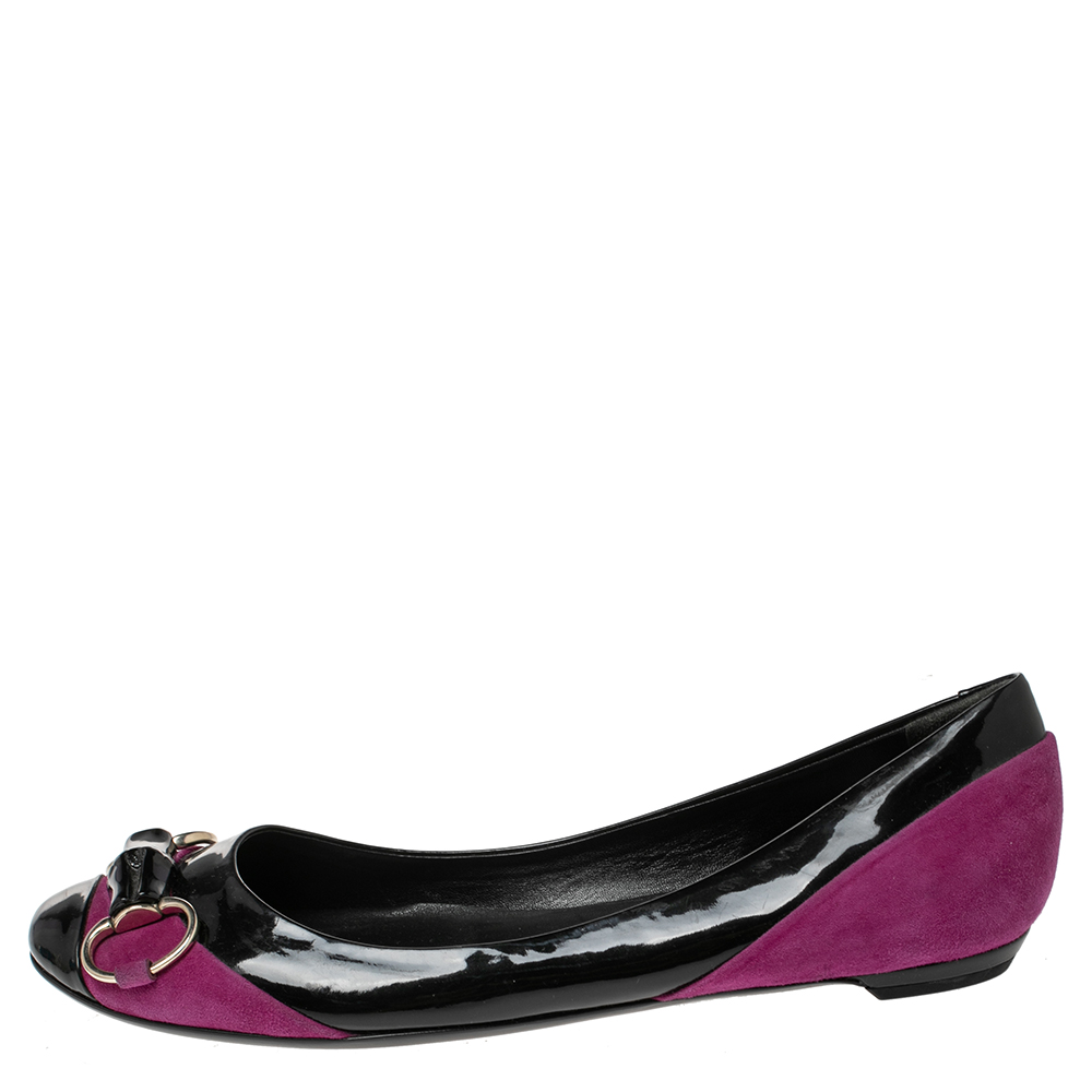 

Gucci Black/Purple Patent Leather and Suede Bamboo Horsebit Ballet Flats Size