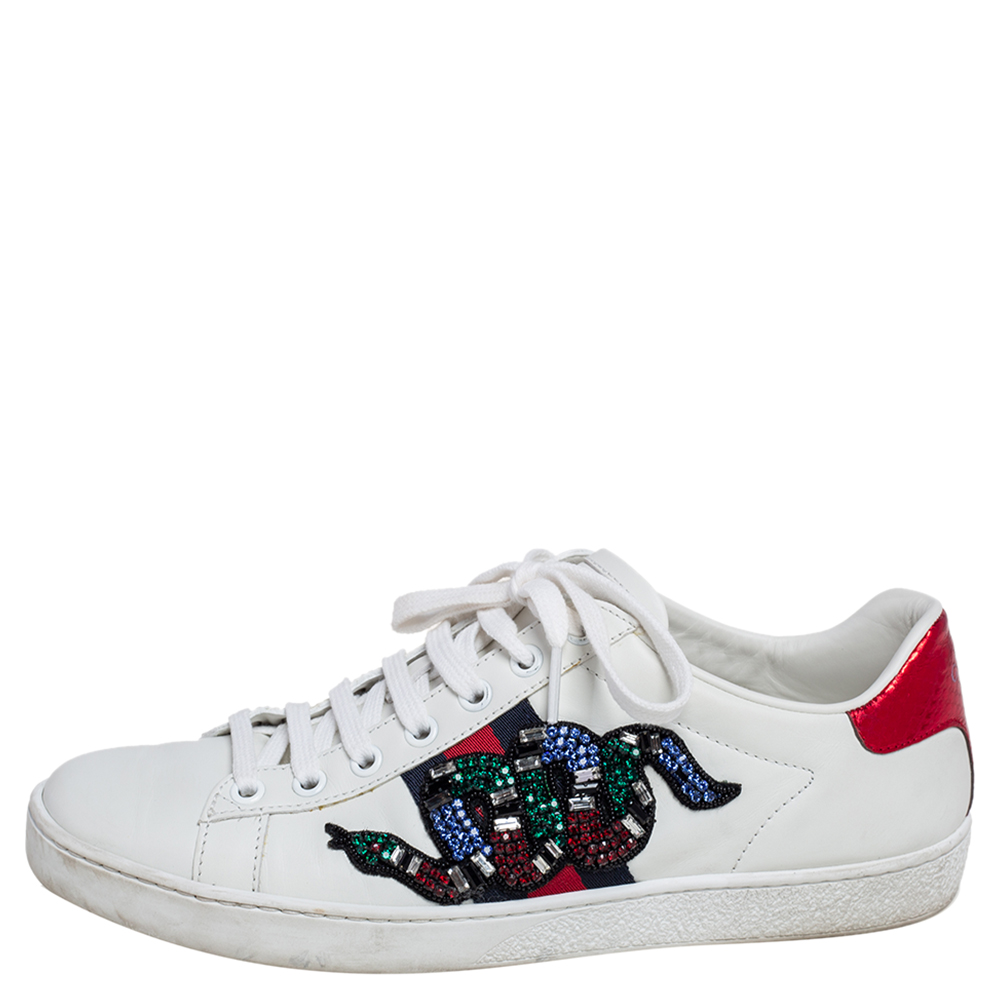 

Gucci White Leather Ace Snake Crystal Embellished Low Top Sneakers Size