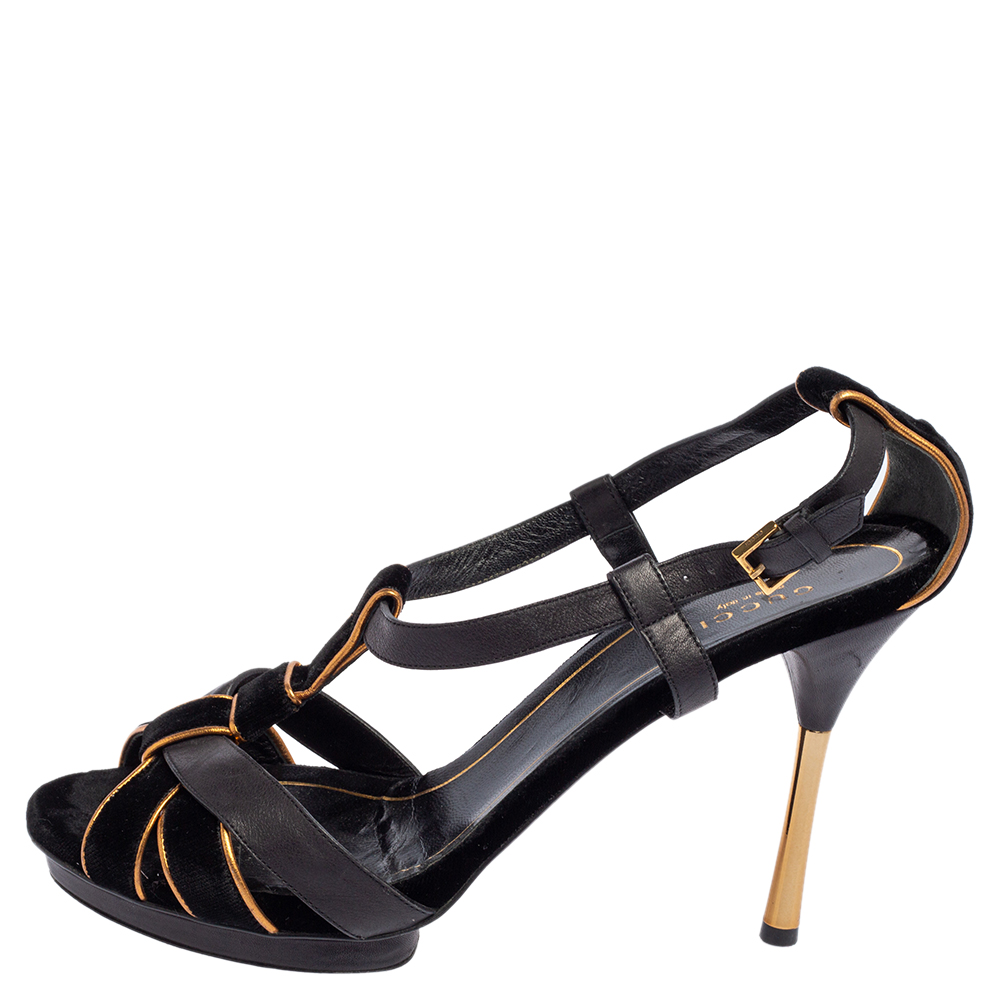 

Gucci Black Velvet and Leather Malika Strappy Sandals Size