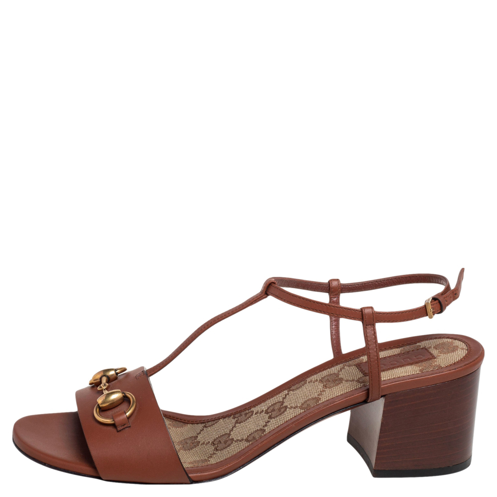 

Gucci Brown Leather Horsebit Detail T-Strap Sandals Size