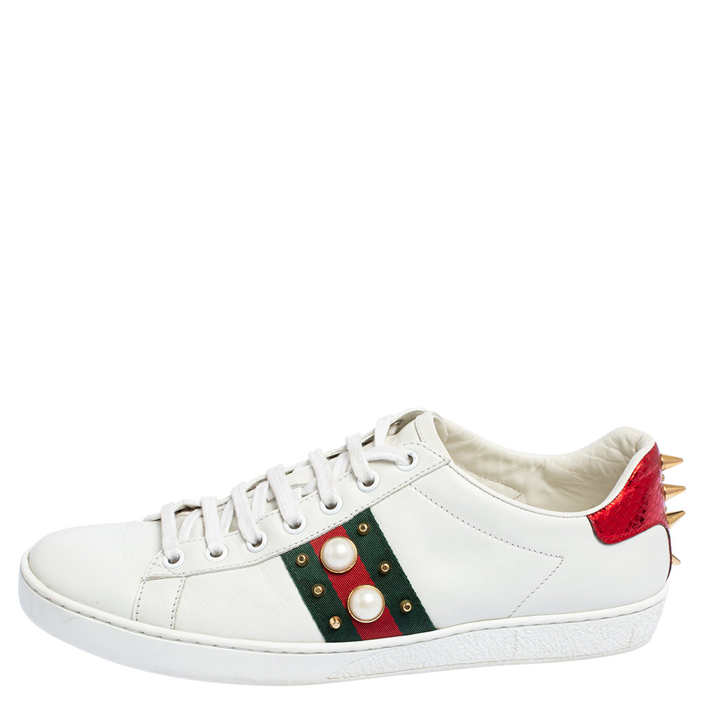 

Gucci White Leather New Ace Web Faux Pearl Embellished Low Top Sneakers Size