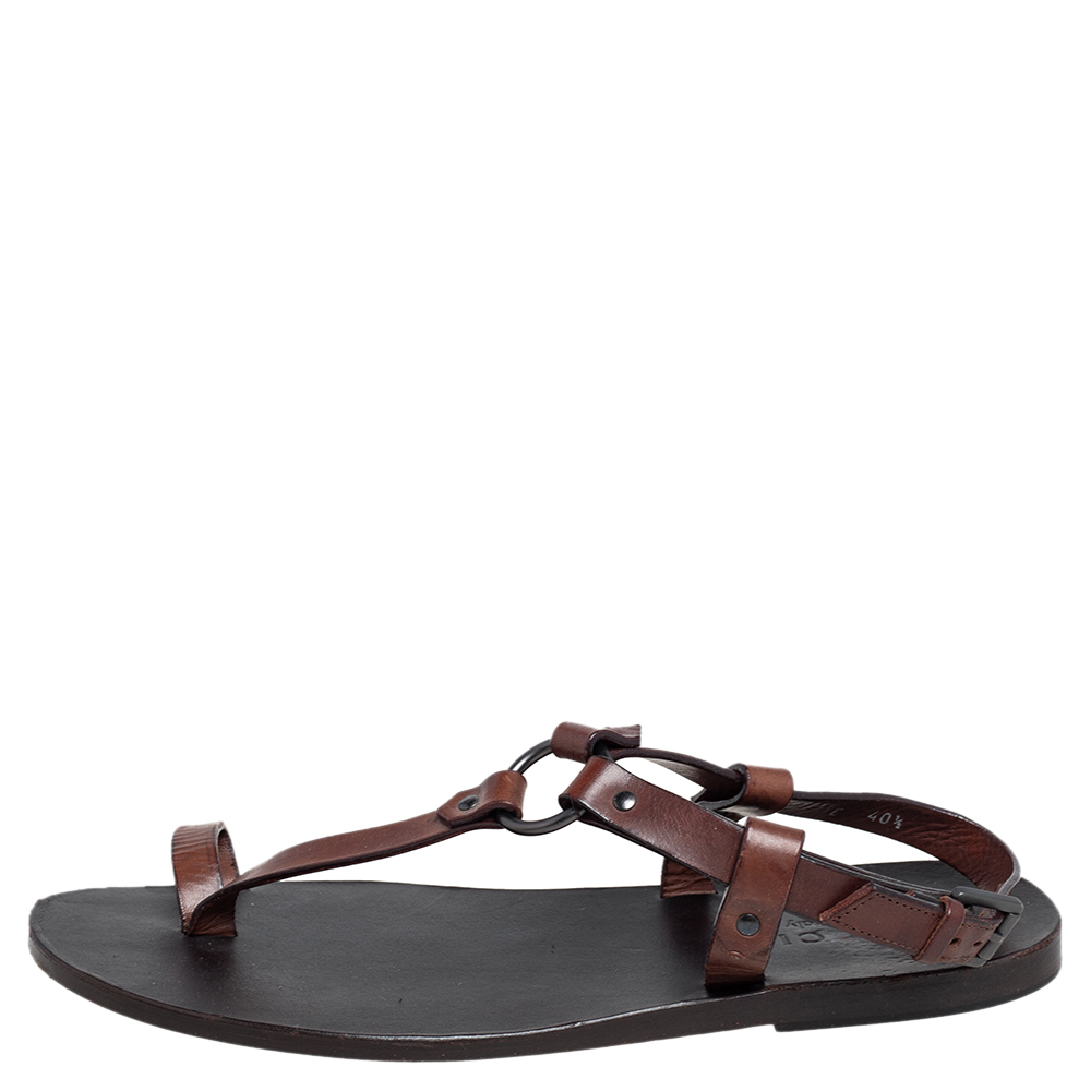 

Gucci Brown Leather Toe Ring Sling Buckle Flat Sandals Size