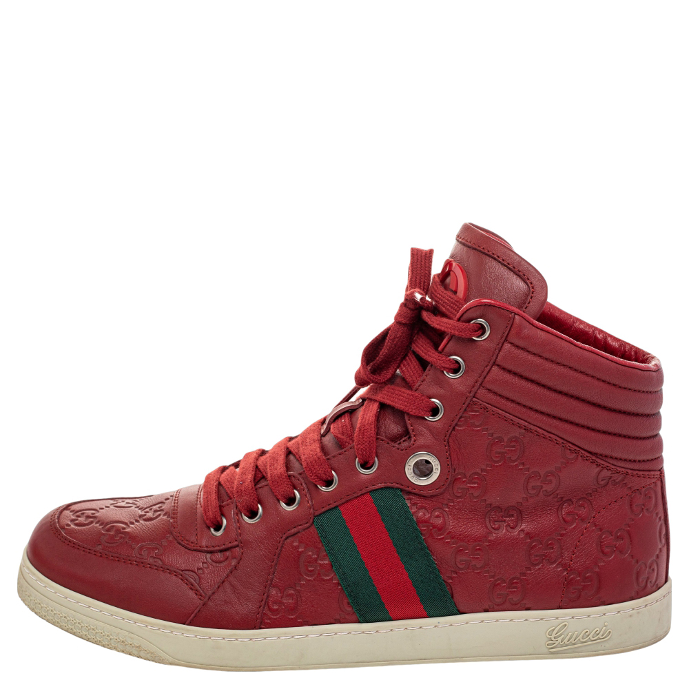 

Gucci Red Guccissima Leather Web Detail High Top Sneakers Size