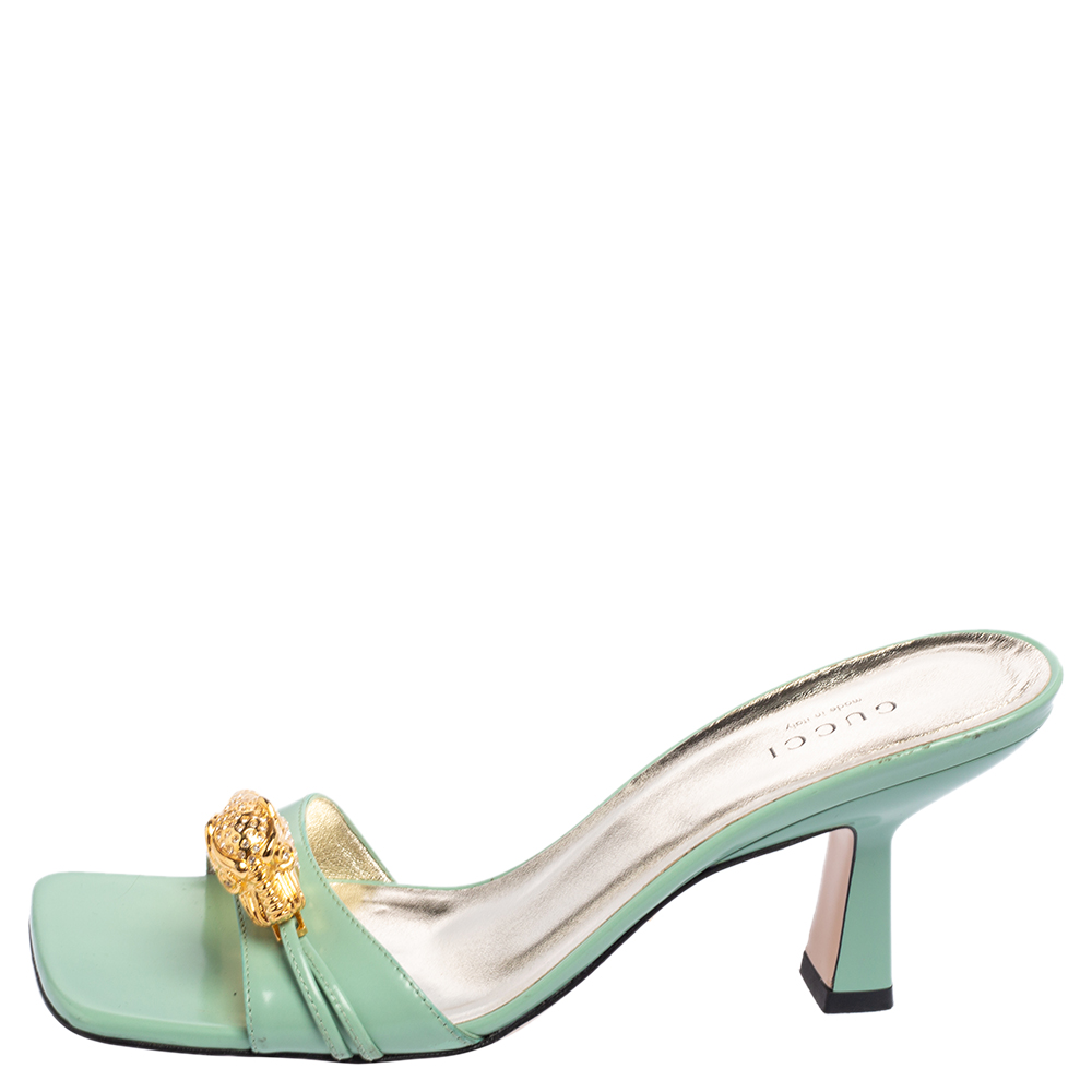 

Gucci Green Glossy Leather Dora Open Toe Slide Sandals Size