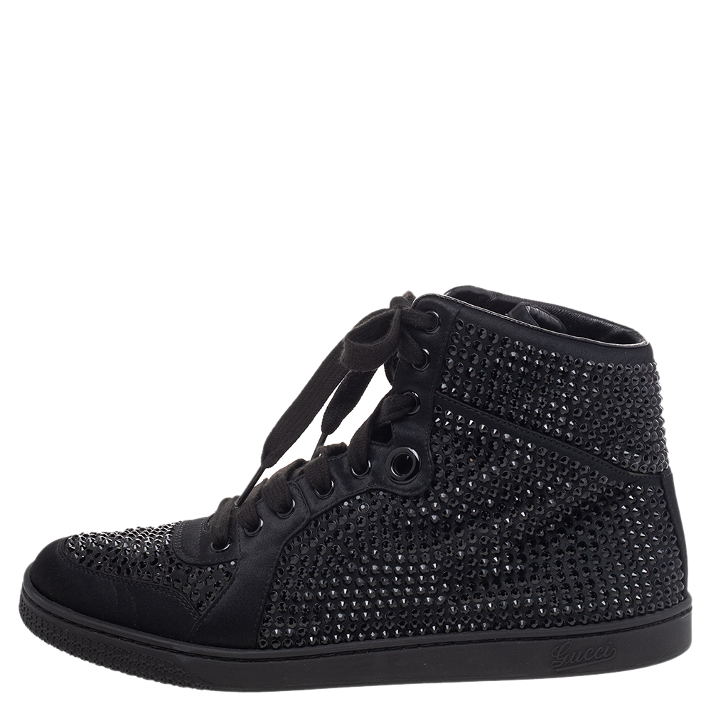 

Gucci Black Satin Crystal Embellished Coda High Top Sneakers Size