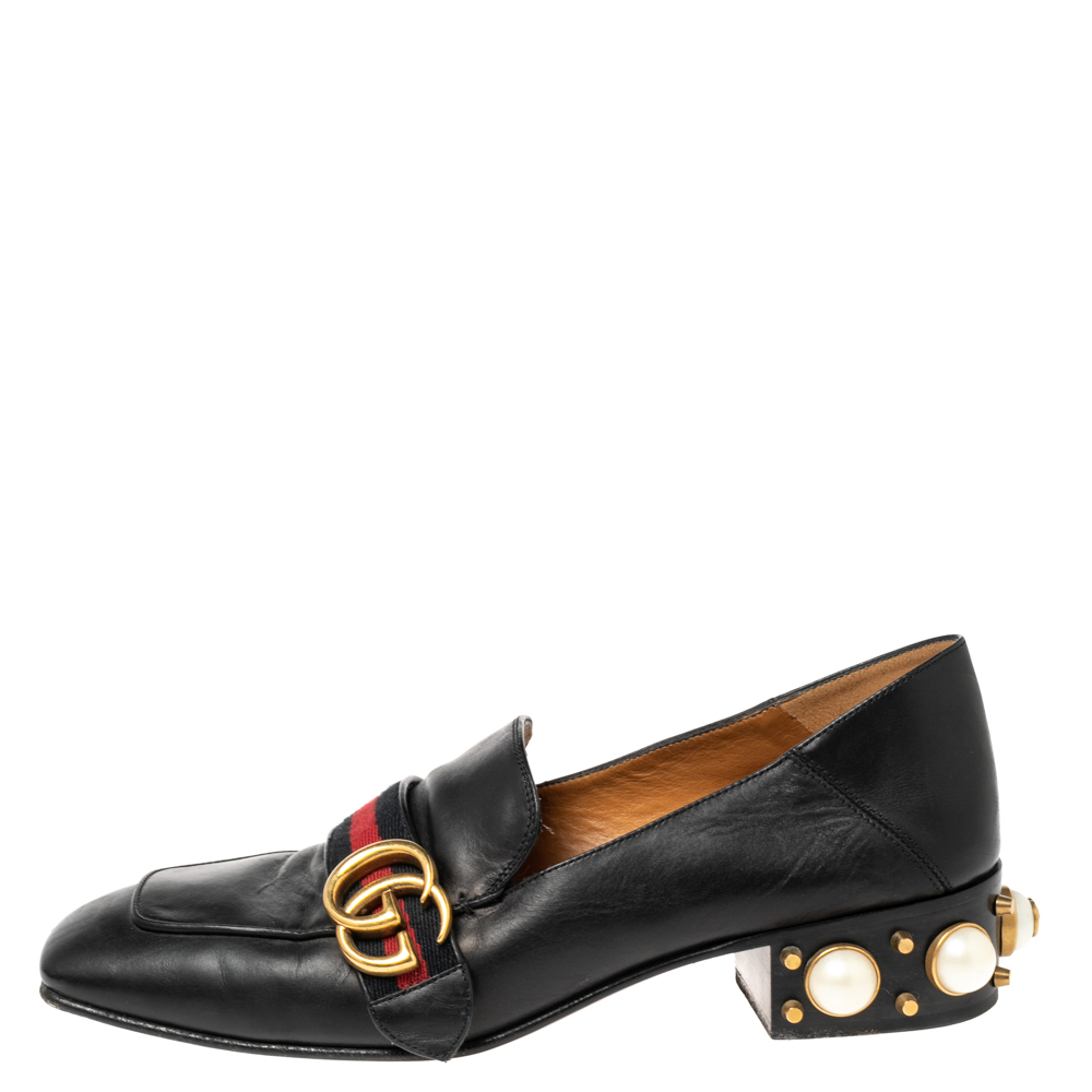 

Gucci Black Leather Pearl Embellished Double G Web Loafers Size