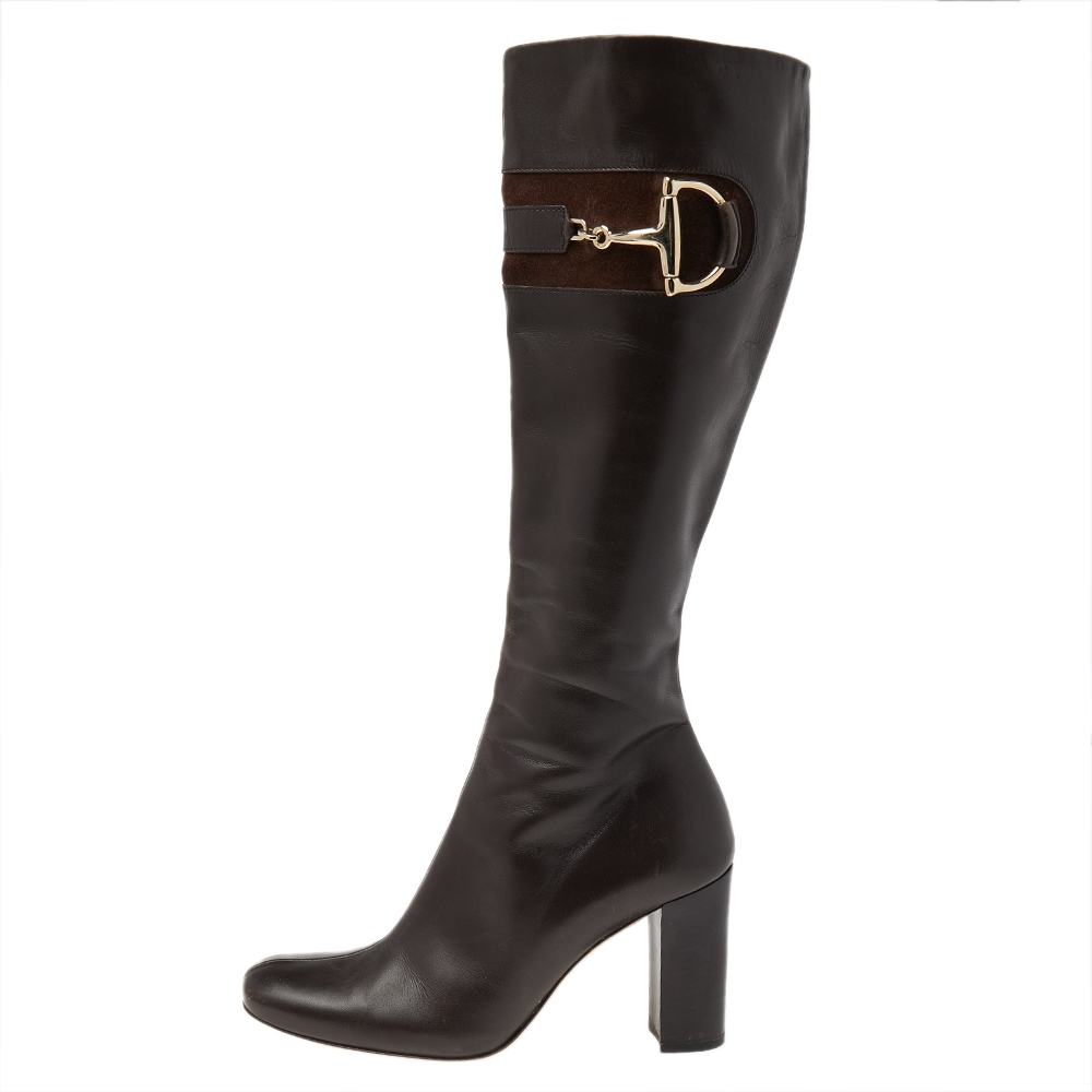 

Gucci Dark Brown Leather Horsebit Knee Length Boots Size