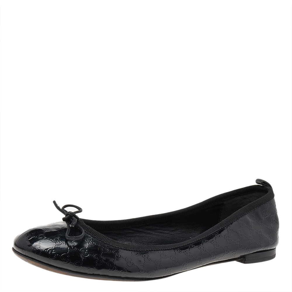 

Gucci Black Micro Guccissima Patent Leather Bow Detail Ballet Flats Size