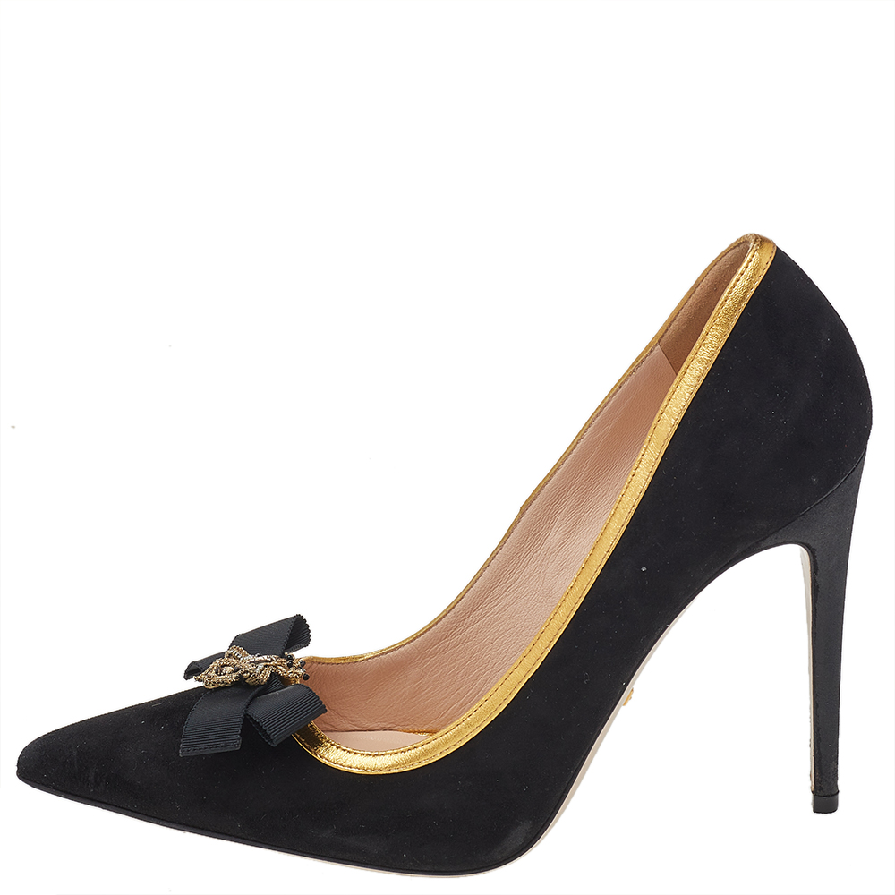 

Gucci Black Suede & Leather Bow And Bee Embellishment Pointed Toe Pumps Size