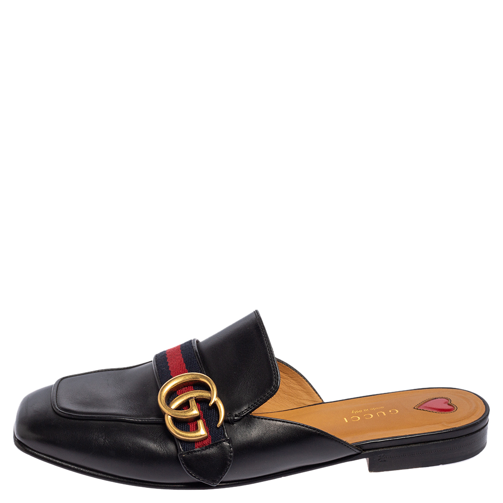 

Gucci Black Leather Peyton GG Web Mules Size