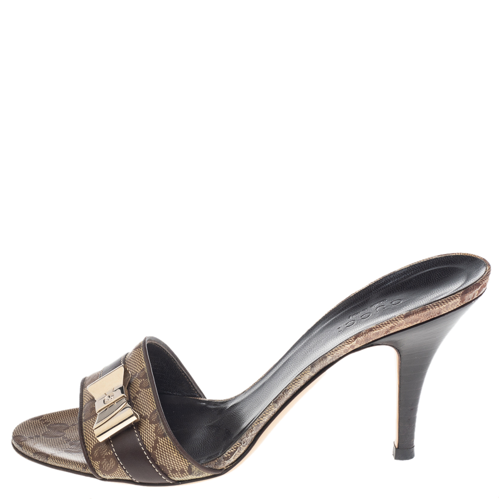 

Gucci Brown GG Crystal Canvas And Leather Slip On Slide Sandals Size