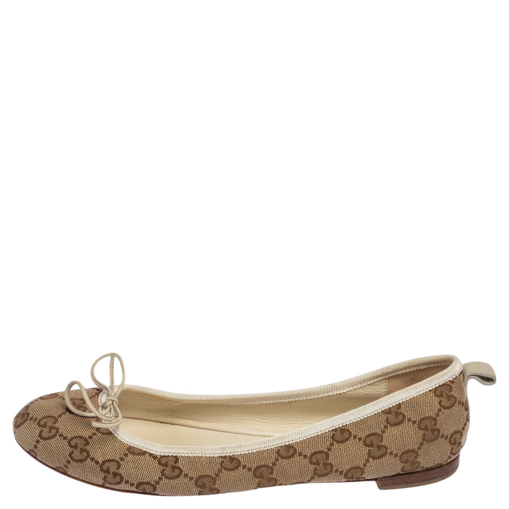 

Gucci Brown/Beige GG Canvas and Leather Trim Bow Ballet Flats Size