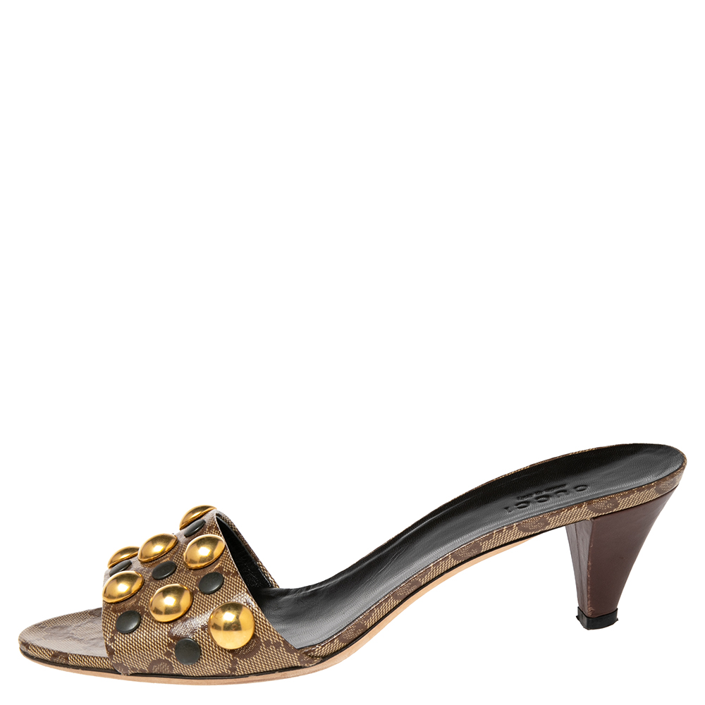 

Gucci Brown/Beige Leather Embellished Slide Sandals Size